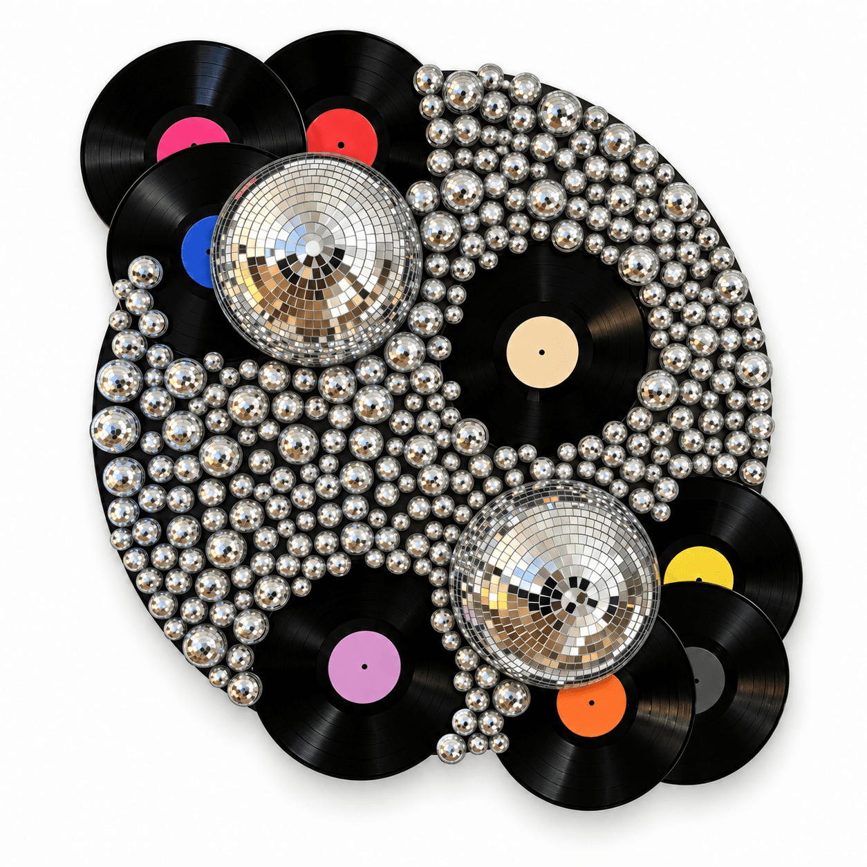 Yin-yang veggdekor laget av vinylplater og speilkuler
